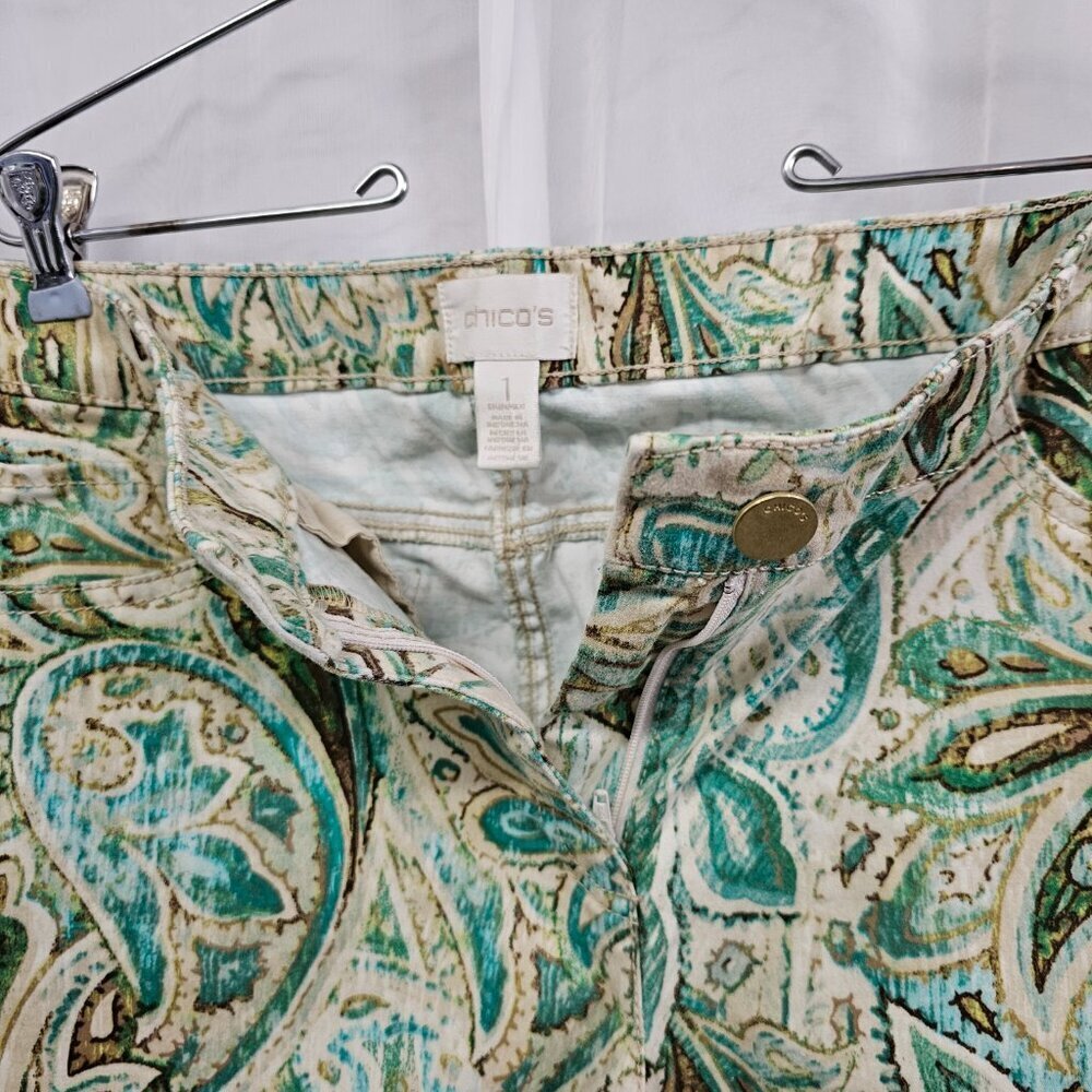 Chico's Pants Green Paisley Festival Boho Summer Grunge Crop Straight 1 (M/8) - Picture 6 of 14